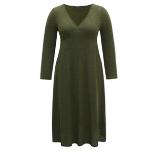 Bloomchic Ribbed Knit V Neck Long Sleeve Green Pocket Midi Dress Womens 14 16